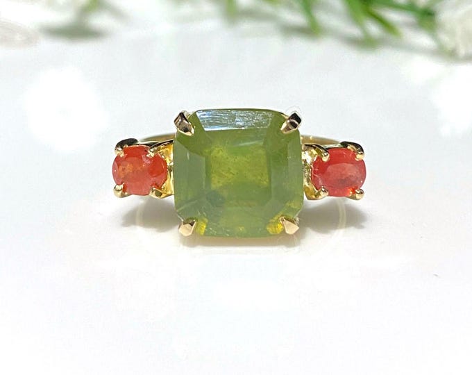 Vintage 14K Solid Yellow Gold 5.11ct Natural Green, Orange Sapphire Ring Size 8