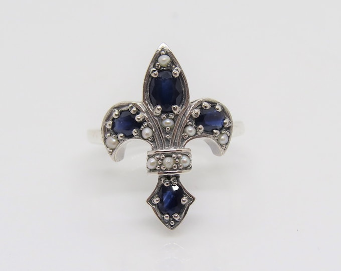 Vintage Sterling Silver Natural Blue Sapphire & Seed Pearl Fleur De Lis Ring Size 8