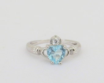 Vintage Claddagh Sterling Silver Aquamarine & White Topaz Ring Size 7