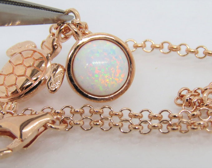 Vintage Sterling Silver Rose Gold Plate White Opal Turtle Link Chain Bracelet 7 1/2''
