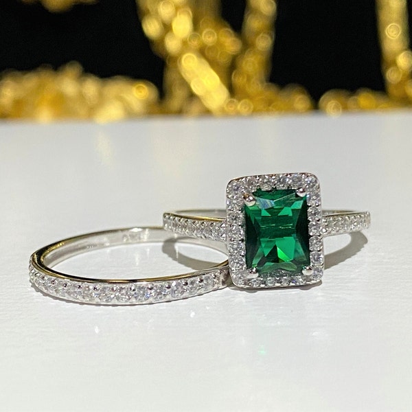 Sterling Silver Emerald, White Topaz Engagement Ring Set Size 6