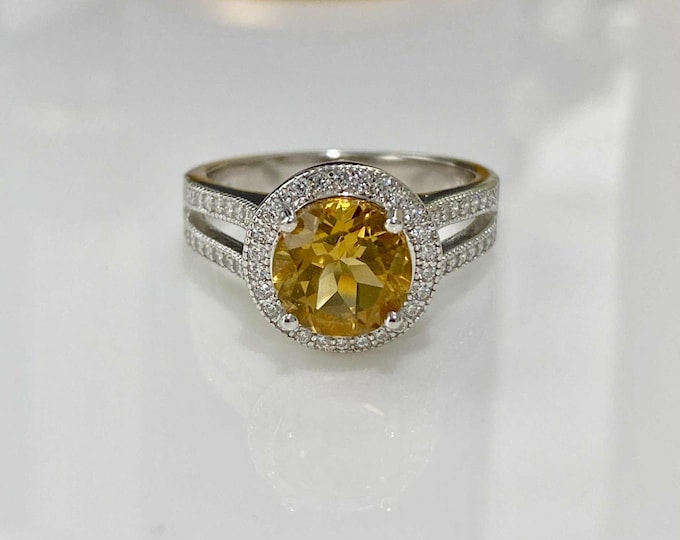 Vintage Sterling Silver Natural Citrine & White Topaz Halo Ring Size 6
