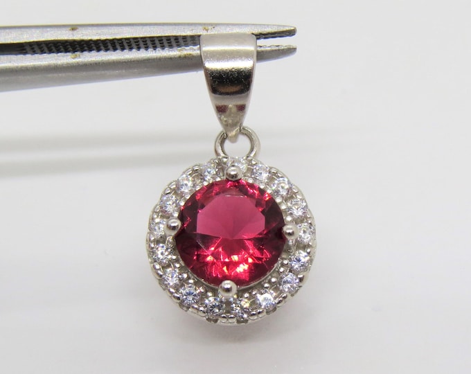 Vintage Sterling Silver Ruby & White Topaz Halo Pendant