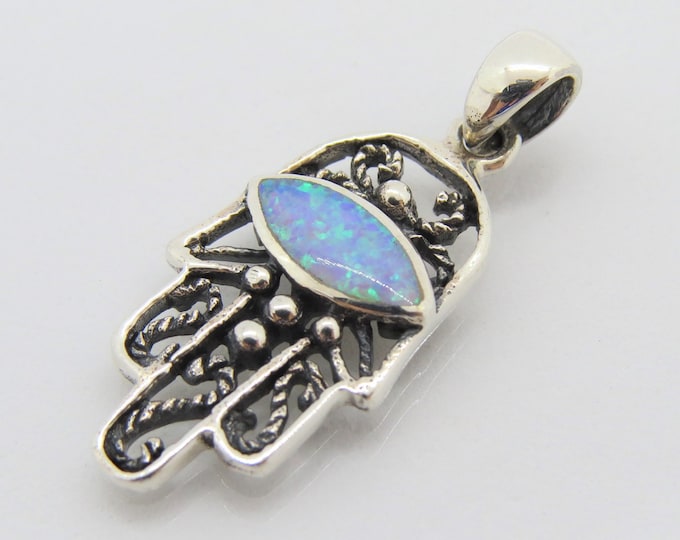 Vintage Sterling Silver Blue Opal Hamsa Hand Filigree Pendant