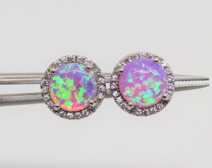 Vintage Sterling Silver Pink Opal & White Topaz Halo Earrings