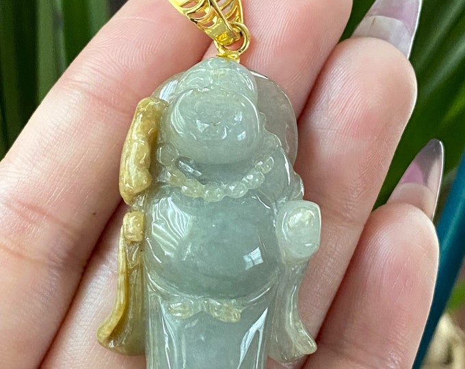 Vintage 18K Solid Yellow Gold Green, Brown, Purple Jadeite Jade Laughing Buddha Happy Buddha Pendant