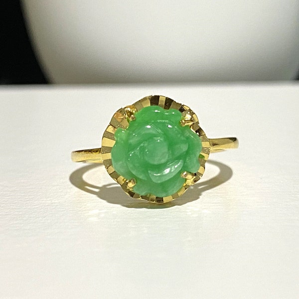 Vintage 15K Solid Yellow Gold Green Jadeite Jade Rose Flower Ring Size 5.5, 6,7