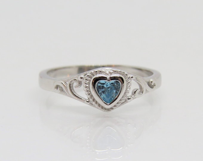 Sterling Silver Blue Topaz Heart Filigree Ring Size 7