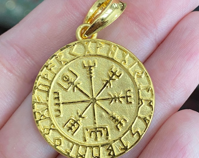 9999 Pure 24k Gold Viking Compass   Two Side Vintage Pendant.