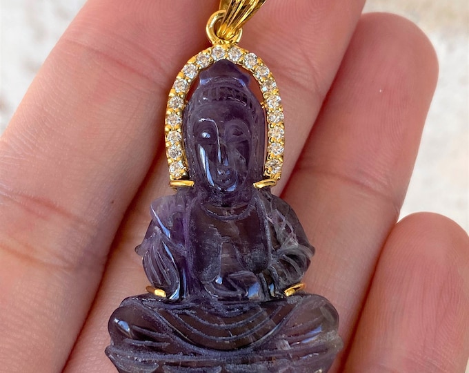 Vintage 18K Solid Yellow Gold Natural Amethyst, White Topaz Quan Yin Buddha Pendant