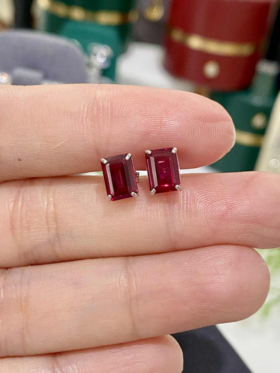 Vintage 14K Solid White Gold Rectangular Ruby Ear… - image 10