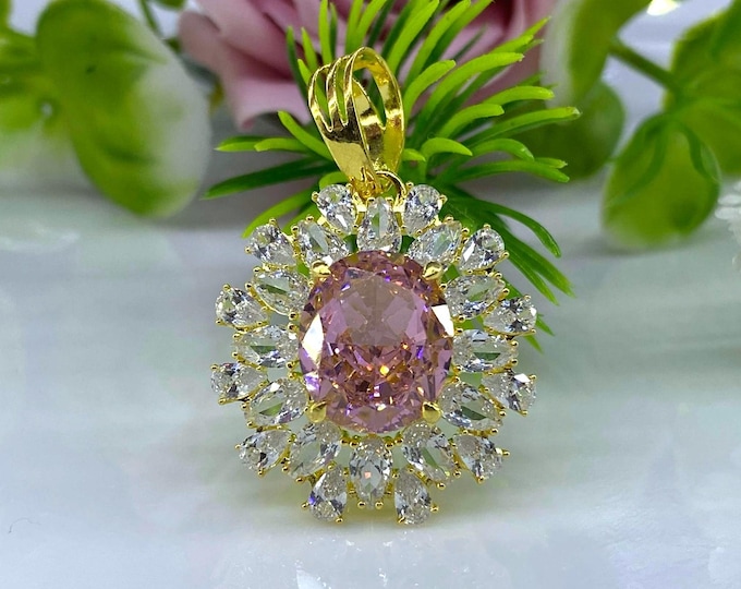Vintage 15K 610 Solid Gold Oval cut Pink Sapphire & White Topaz Pendant.