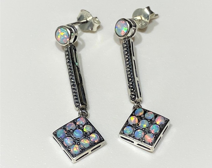 Vintage Sterling Silver White Opal Dangle Earrings.
