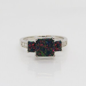 Sterling Silver Black Opal & White Topaz Three Stones Ring.