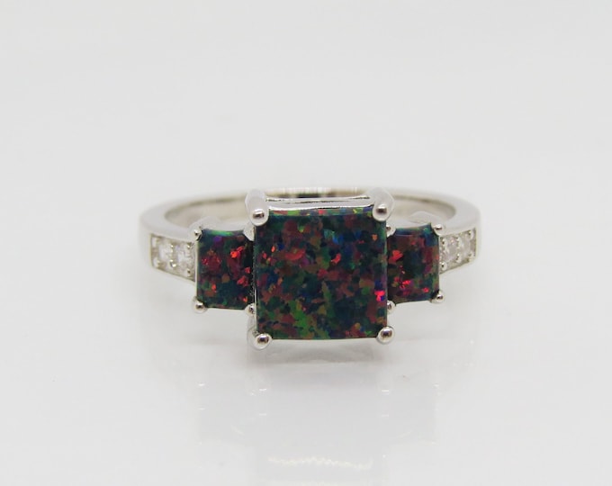 Sterling Silver Black Opal & White Topaz Three Stones Ring.