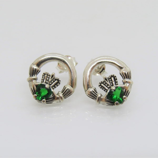 Vintage Claddagh Sterling Silver Emerald Stud Earrings