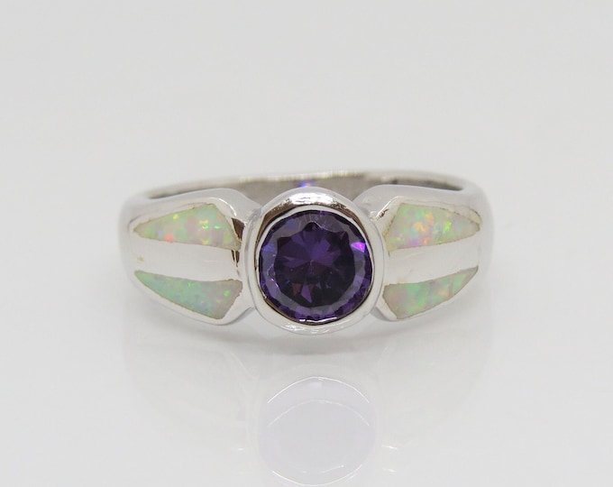 Vintage Sterling Silver Round cut Amethyst & Opal Ring Size 8