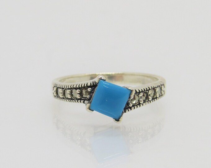 Vintage Sterling Silver Square Turquoise & Marcasite Ring Size 6