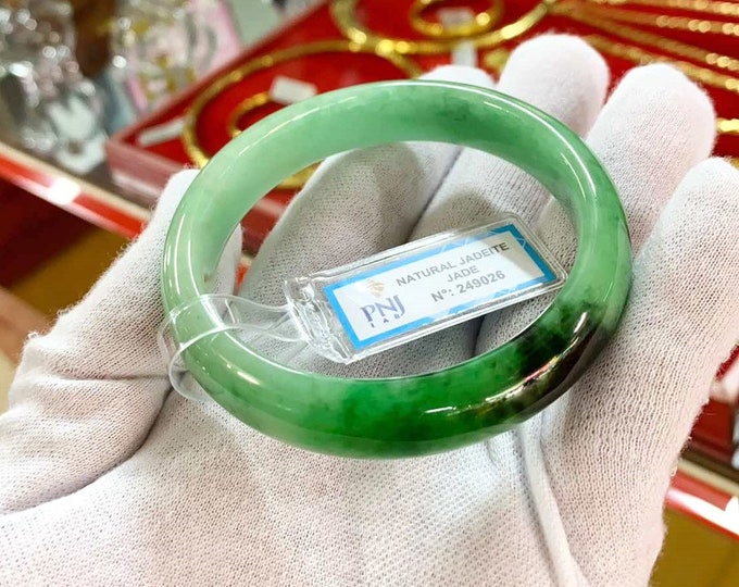 Vintage Translucent Natural Green, Black Jadeite Jade Bangle Bracelet 57.5MM