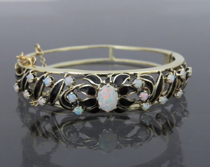 Vintage 14K Solid YG 2.17ct Fire Opal Black Enamel Flower Bangle Bracelet 5.75''