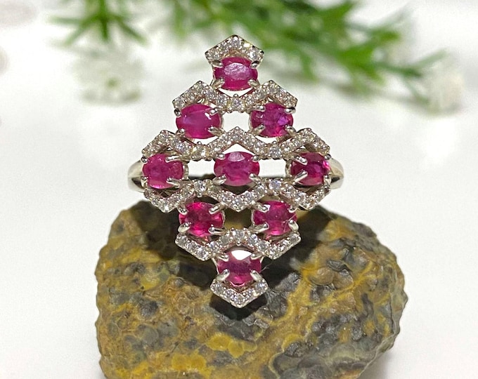 Vintage Sterling Silver Natural Ruby, White Topaz Ring 8.