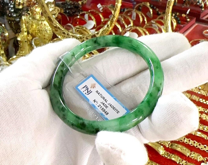 Vintage Translucent Natural Green, White & Black Jadeite Jade Bangle Bracelet 53.5MM