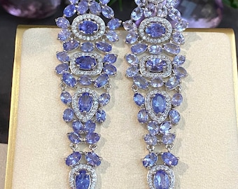 Vintage Sterling Silver Natural Tanzanite & White Topaz Dangle Earrings.