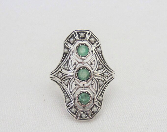 Vintage Sterling Silver Natural Emerald & Seed Pearl Filigree Long Ring Size 8