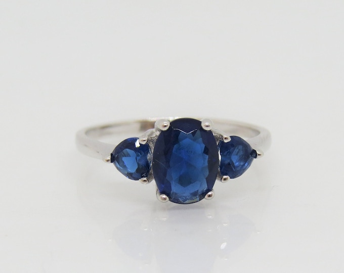 Vintage Sterling Silver Blue Sapphire Three Stone Ring Size 8