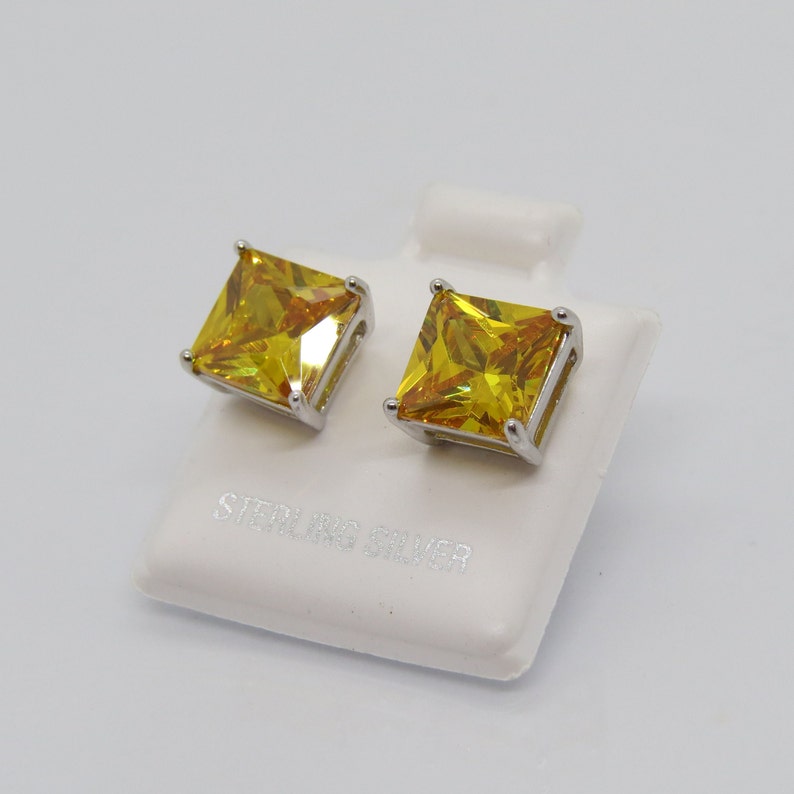 Vintage Sterling Silver Square cut Citrine Stud Earrings 8MM image 5