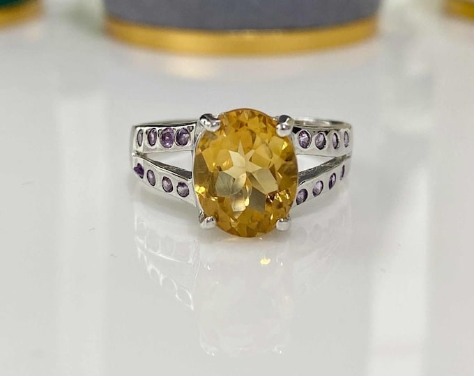 Vintage Sterling Silver Natural Citrine & Amethyst Ring Size 7 1/2