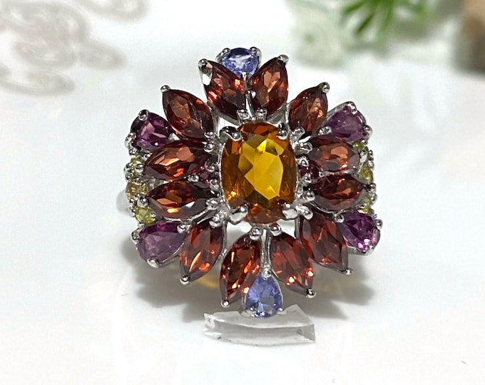 Vintage Sterling Silver Natural Citrine, Garnet & Rhodolite Ring Size 9