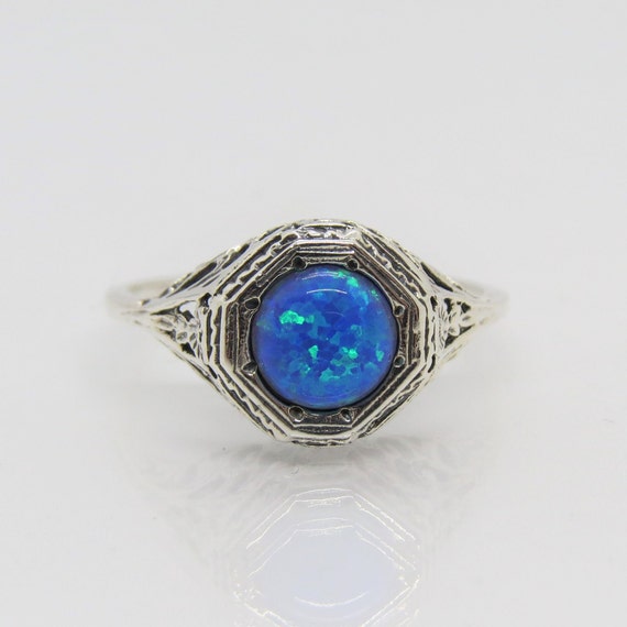 Vintage Sterling Silver Round cut Blue Opal Filig… - image 1