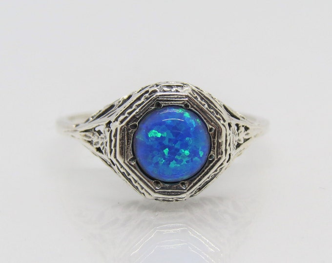 Vintage Sterling Silver Round cut Blue Opal Filigree Ring Size 8