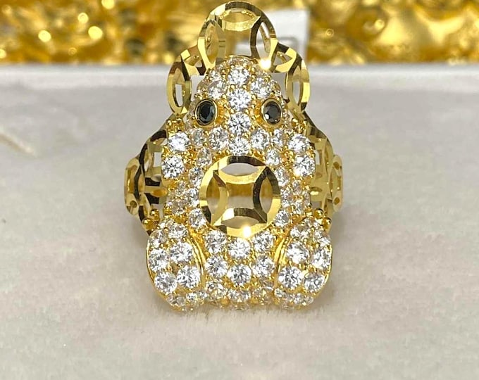 Vintage 15K Gold Frog Ring: White Topaz, Black Sapphire Eyes, Size 8.