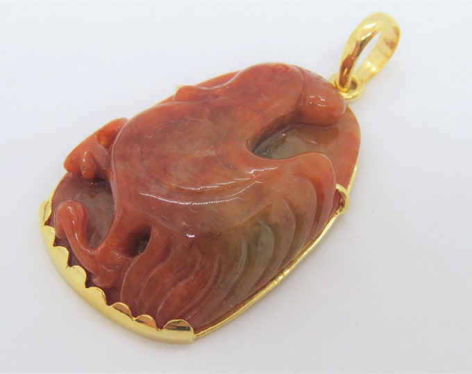 Vintage 18K Solid Yellow Gold Translucent Green, Red Jadeite Jade Rooster Pendant