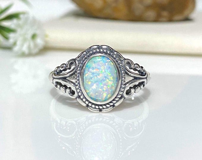 Vintage Sterling Silver White Opal Filigree Ring Size 7