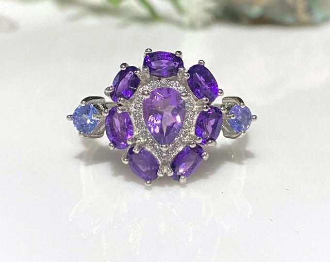 Vintage Sterling Silver Natural Amethyst, Tanzanite & White Topaz Ring Size 8.75