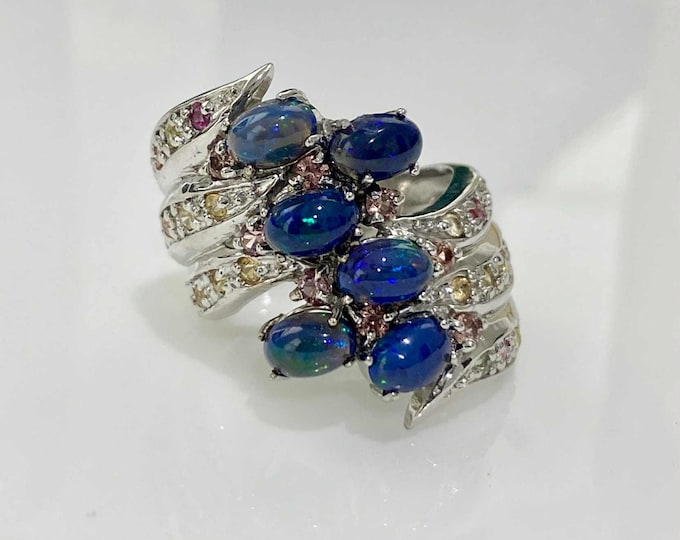 Vintage Sterling Silver Natural Black Fire Opal & Multi color Sapphire Ring Size 7
