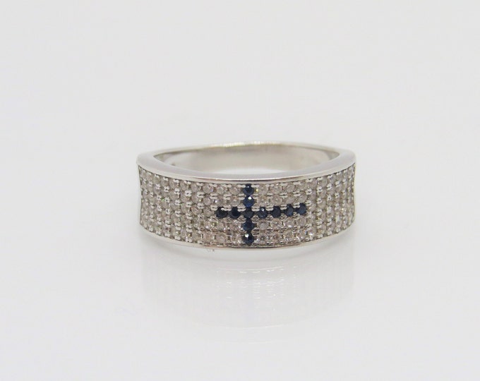 Vintage Sterling Silver Blue Sapphire & White Topaz Cross Unisex Band Ring Size 9
