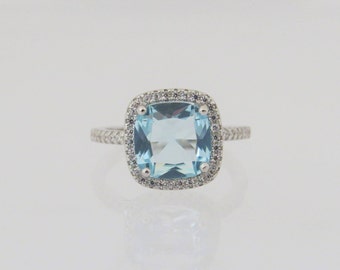 Vintage Sterling Silver Aquamarine & White Topaz Halo Ring Size 8