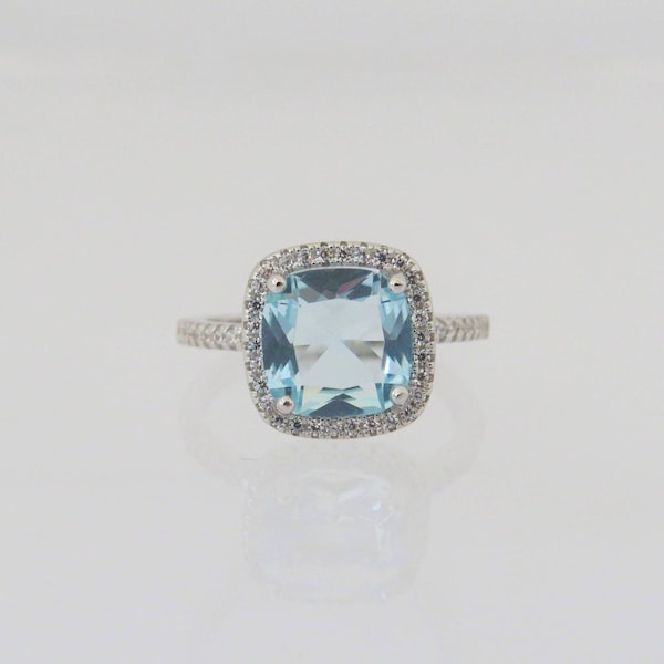 Vintage Sterling Silver Aquamarine & White Topaz Halo Ring Size 8