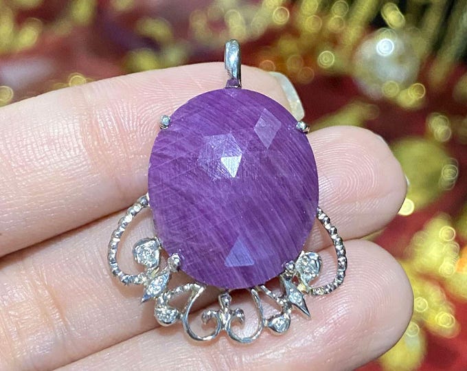 Vintage 14K Solid White Gold Natural Ruby & Diamond Pendant.