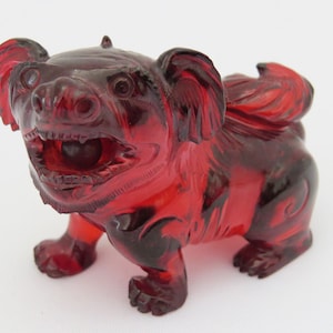 ANTIQUE Exquisite Small Hand Carved Red FOO DOG Statue