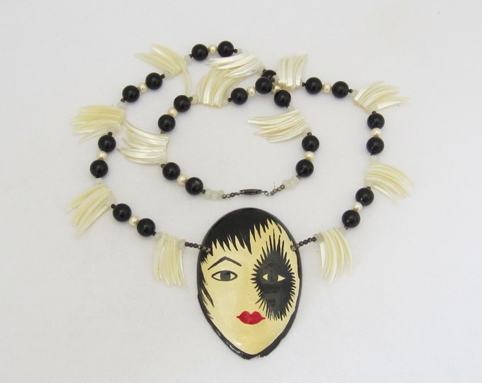Antique  Estate Sterling Silver Mother of Pearl, Black Onyx & Ceramic Lady's Face Bead Necklace 35'' Length