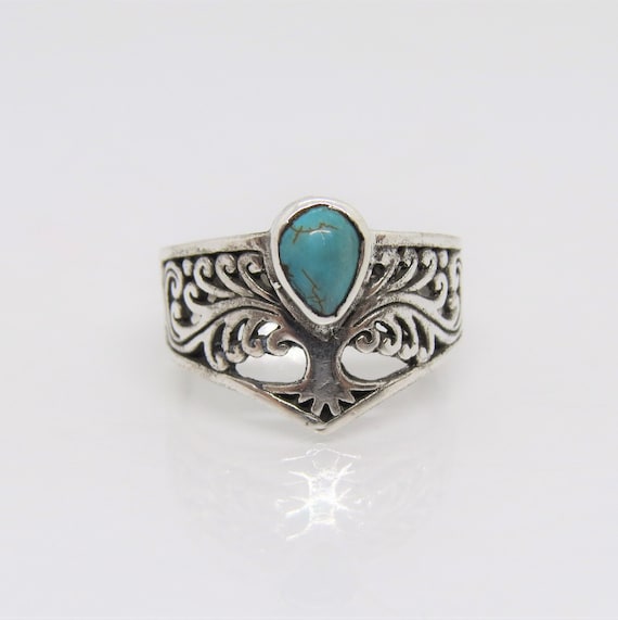 Vintage Sterling Silver Turquoise Tree Dome Ring … - image 1