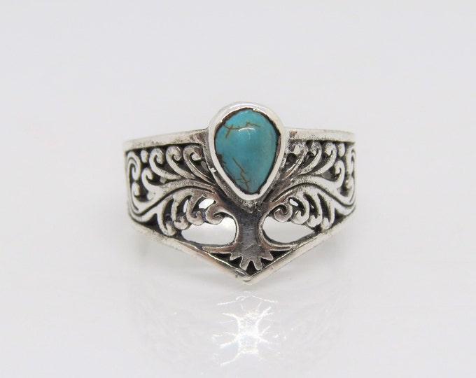 Vintage Sterling Silver Turquoise Tree Dome Ring Size 8