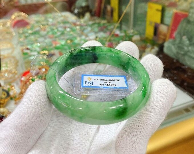 Vintage Translucent Natural Emerald Green, Black Jadeite Jade Bangle Bracelet 57.5MM