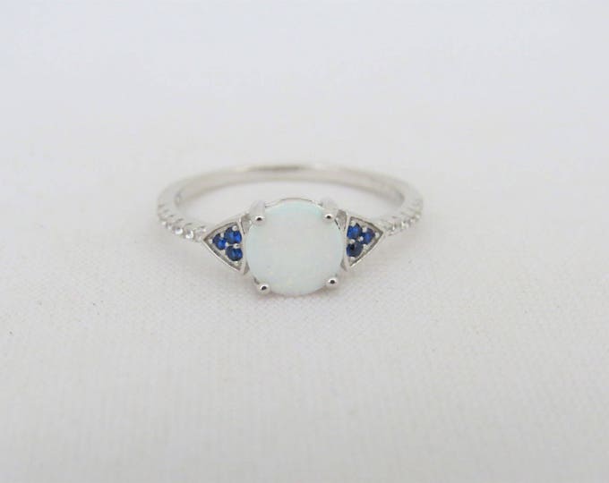 Vintage Sterling Silver White Opal, Blue Sapphire & White Topaz Ring Size 9