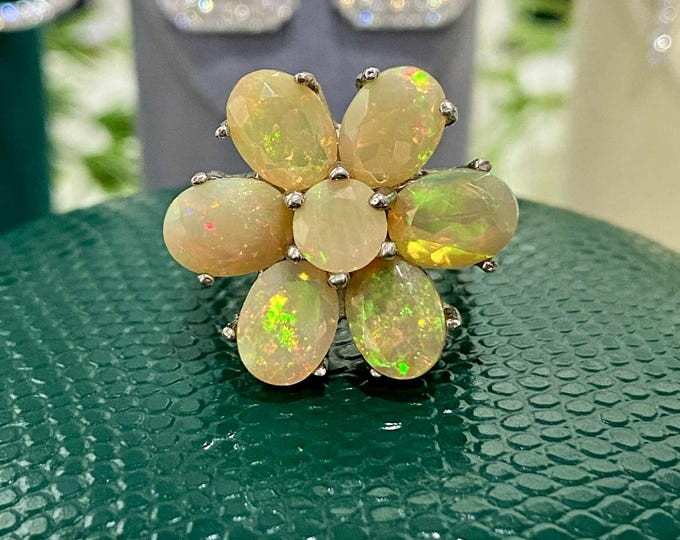 Vintage Sterling Silver Natural Fire Opal Flower Ring Size 7
